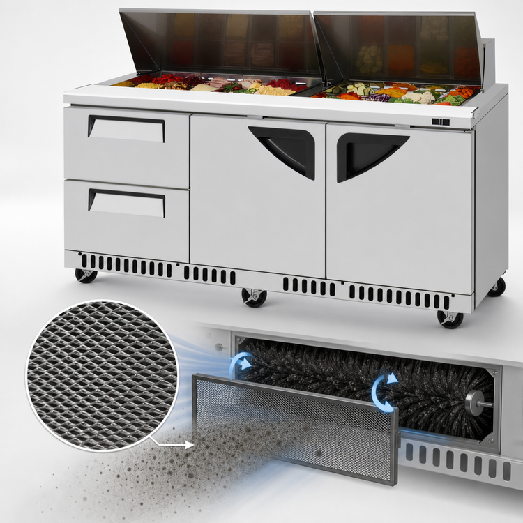 Product image #3 for Turbo Air Super Deluxe Front Breathing Three-Section Sandwich/Salad Prep Table with 2 Drawers and 2 Doors