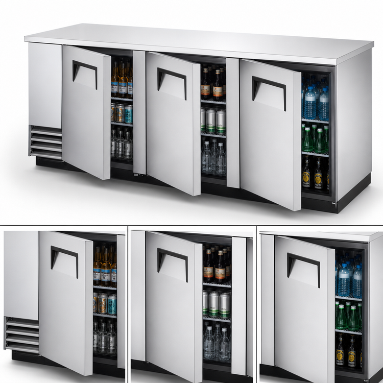 Product image #3 for True Three-Section Back Bar Cooler with Solid Doors, 90-3/8 Inch Wide, Stainless Steel Top