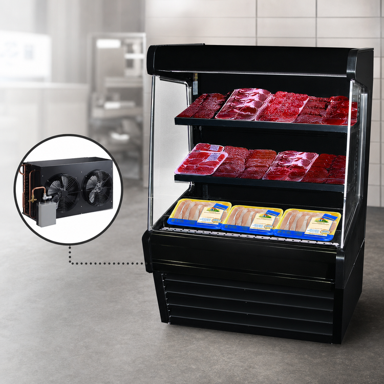 Product image #3 for Howard-McCray Ovation Series 75-Inch Remote Vertical Meat Open Merchandiser with LED Lighted Shelves, Black