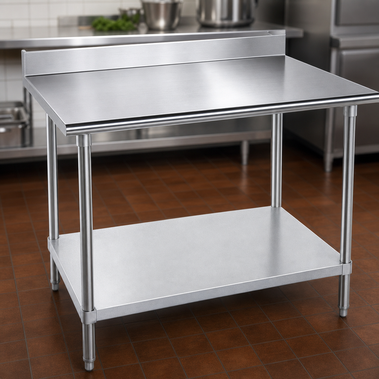 Product image #3 for Advance Tabco 48 Inch x 30 Inch 430 Stainless Steel Work Table with 5 Inch Backsplash and Galvanized Undershelf