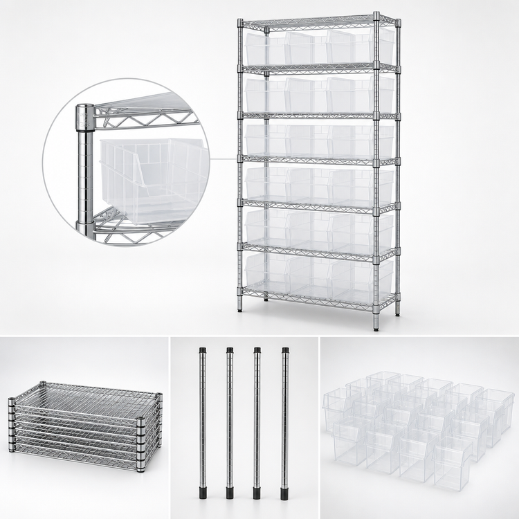 Product image #3 for Quantum WR8-809CL Chrome-Plated Bin Wire Shelving System with 8 Shelves and 21 Clear Bins