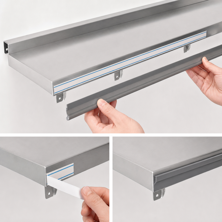 Product image #3 for Snap-n-Slide Wall-Mounted Shelf with Ticket Rail, 48"W x 12"D, 430 Stainless Steel