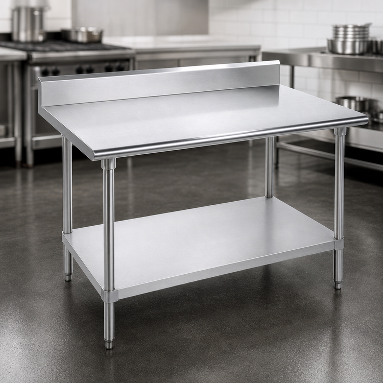 Product image #3 for Advance Tabco 48"W x 24"D 14-Gauge 304 Stainless Steel Work Table with 5" Backsplash and Adjustable Undershelf