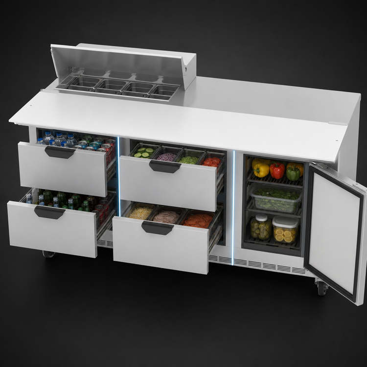Product image #4 for Beverage Air 72-Inch Three-Section Sandwich Top Refrigerated Prep Table with 4 Drawers, 1 Door, and 8-Pan Top