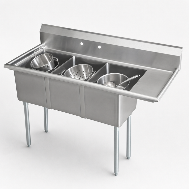 Product image #3 for Omcan 3-Compartment Pot Sink with Right-Hand Drainboard, 18 x 18 x 11-Inch Bowls