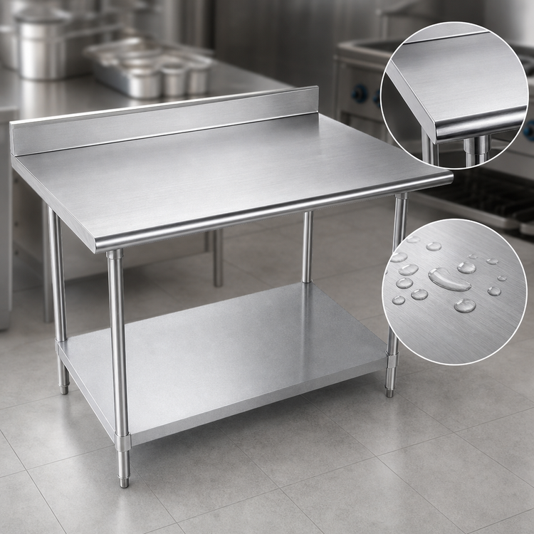 Product image #3 for Advance Tabco KMG-304 48-Inch x 30-Inch 16-Gauge 304 Stainless Steel Work Table with 5-Inch Backsplash and Galvanized Undershelf