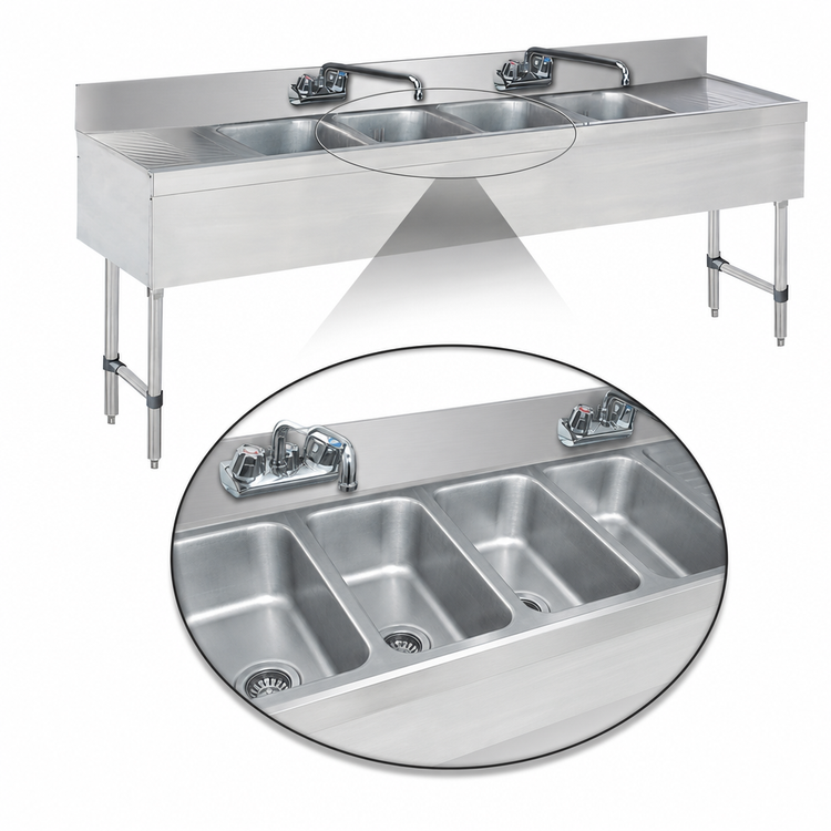 Product image #3 for Advance Tabco Special Value Series 84-Inch 4-Compartment Stainless Steel Bar Sink with Left and Right Drainboards and Splash-Mount Faucets