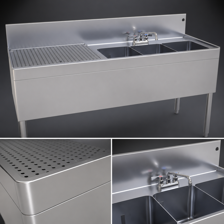 Product image #3 for Glastender Three-Compartment Underbar Sink Unit with Left Drainboard and Deck-Mount Faucet, 60 Inch Wide x 24 Inch Deep