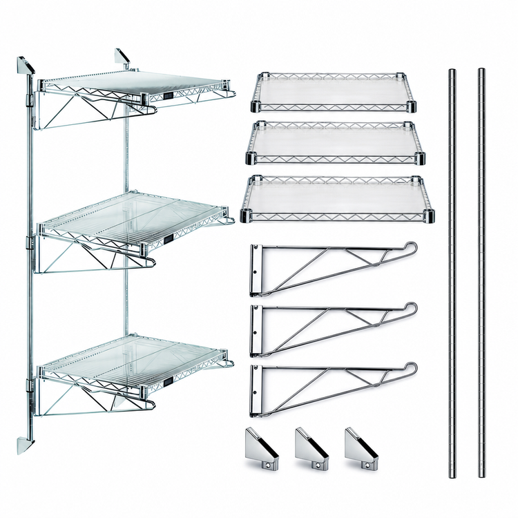 Product image #3 for Quantum Wall-Mounted Cantilever Wire Shelving Starter Unit with 3 Shelves, 54-Inch Posts, and Mounting Brackets