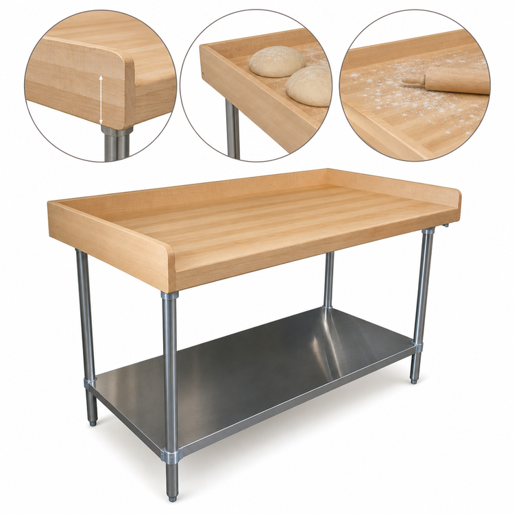 Product image #3 for Advance Tabco 48 Inch x 30 Inch Bakers' Top Wood Work Table with Undershelf and Rear/Side Splashes