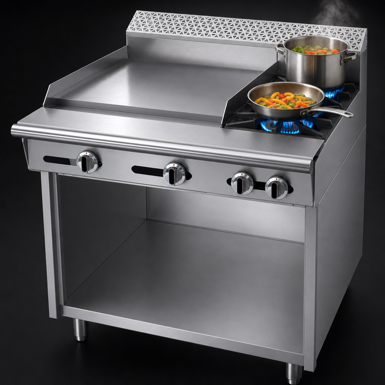Product image #3 for Garland Cuisine Series 36-Inch Heavy Duty Gas Combination Top Range with 2 Open Burners, 24-Inch Thermostatic Griddle, and Storage Base