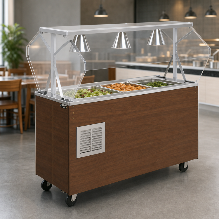 Product image #3 for Vollrath 2-Series Affordable Portable Refrigerated Cafeteria Unit, 4-Pan, 60 x 24 Inches, Walnut Woodgrain, with Breath Guard and Storage Door Base