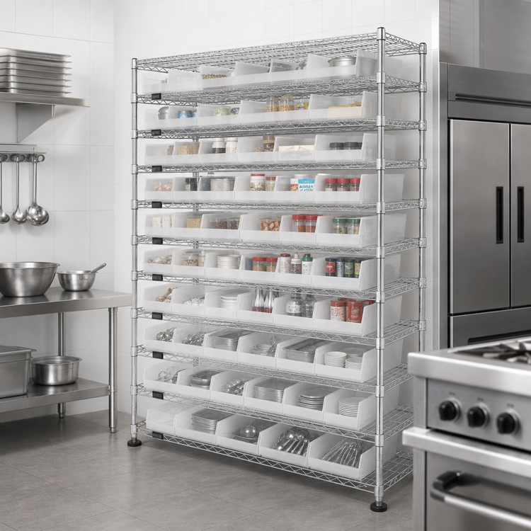 Product image #3 for Quantum Chrome Plated Stationary Bin Wire Shelving System, 72" x 24" x 74", 12 Shelves, 110 Bins