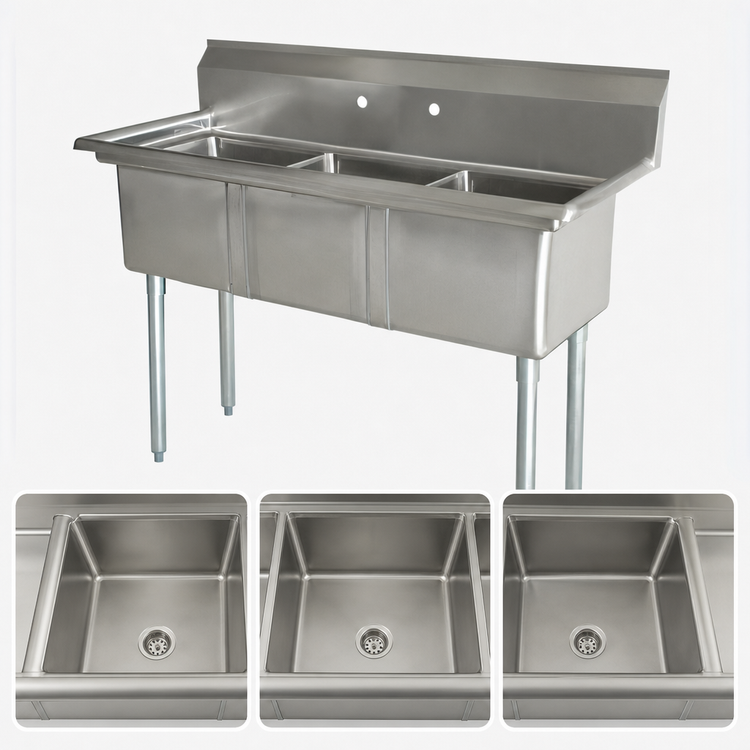 Product image #3 for Omcan USA 35-Inch Three-Compartment Pot Sink with 10 x 14 x 10-Inch Bowls and Center Drain
