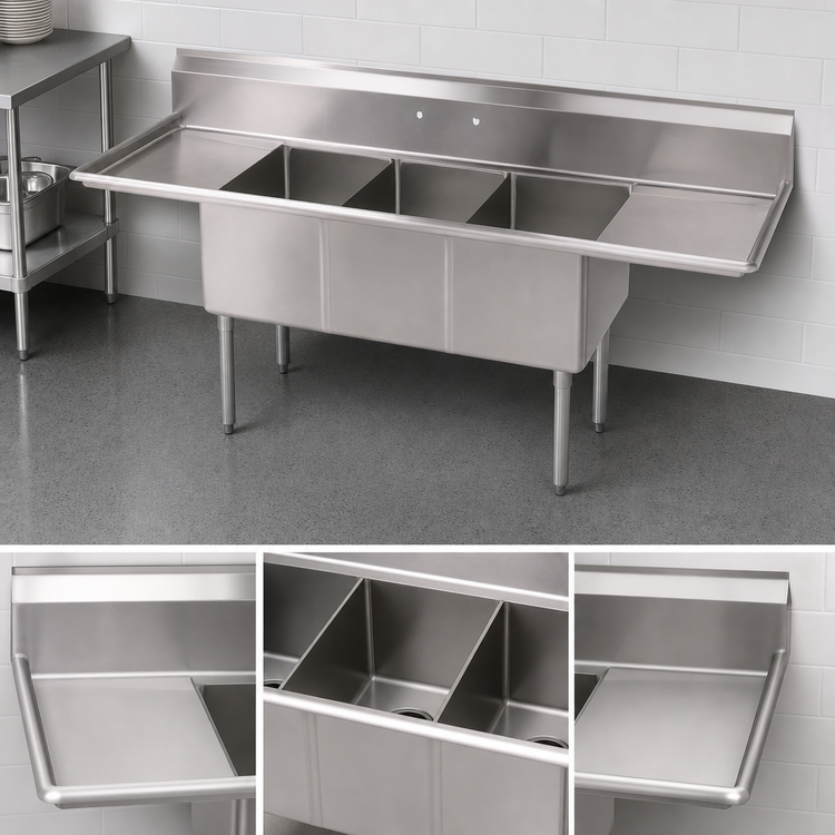 Product image #3 for John Boos E-Series Freestanding 66-Inch Stainless Steel 3-Compartment Sink with Left and Right Drainboards