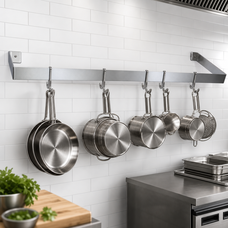 Product image #3 for John Boos 144-Inch Wall-Mounted Single-Bar Stainless Steel Pot Rack with 12 Double Hooks