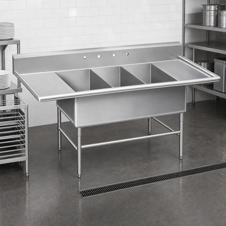 Product image #3 for Advance Tabco Regaline Super Size 3-Compartment Stainless Steel Sink with Left and Right Drainboards, 78 x 38 Inches