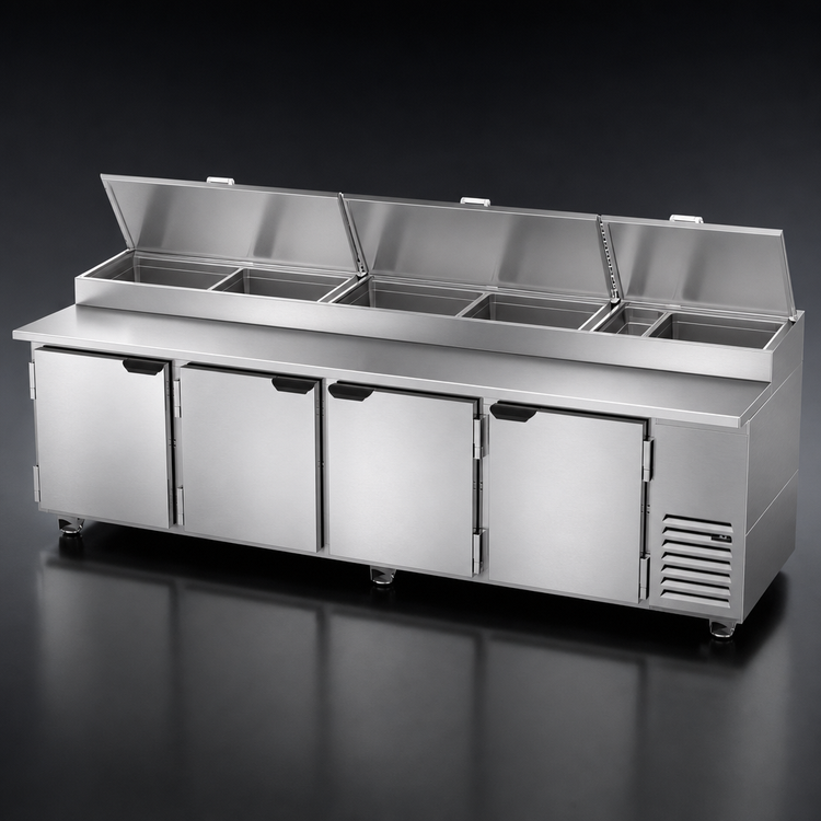Product image #3 for Beverage-Air DP119HC Four-Door Deli/Pizza Prep Table, 119-Inch, 42.2 Cu. Ft., Side-Mounted Self-Contained Refrigeration