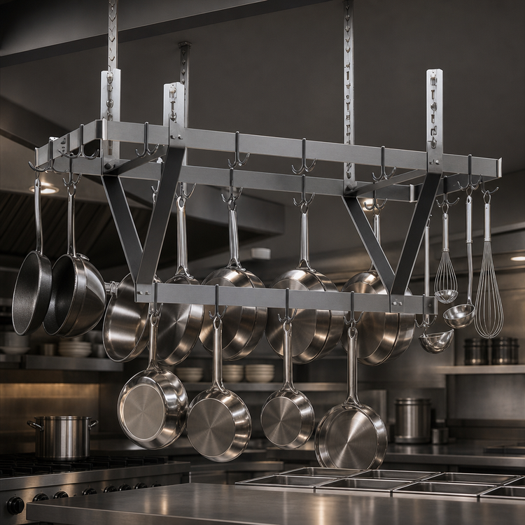 Product image #3 for 76-Inch Ceiling-Mounted Triple-Bar Stainless Steel Pot Rack with 21 Hooks