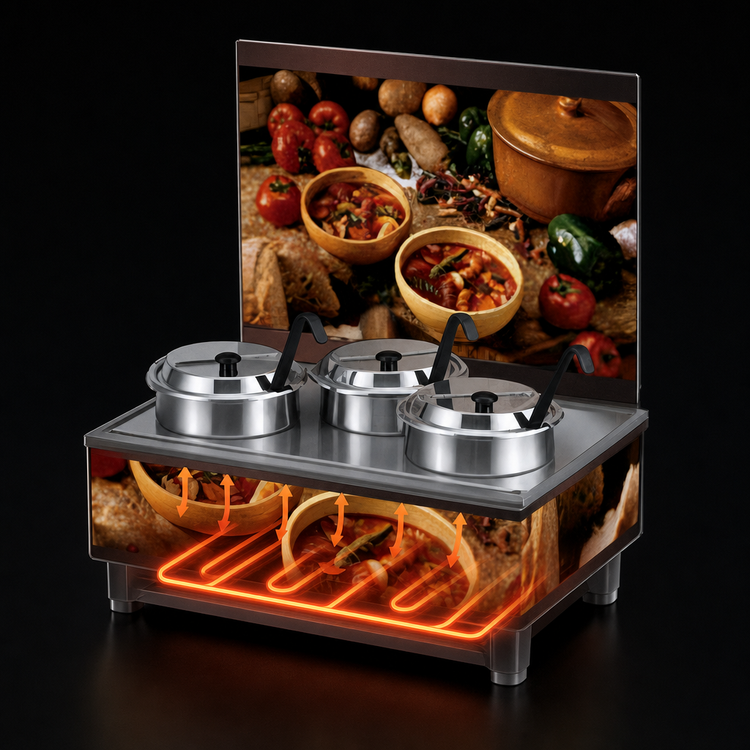 Product image #3 for Vollrath Cayenne® Full-Size Rethermalizing Soup Merchandiser Base with Flush-Mount Menu Board and 4 Quart Accessory Pack
