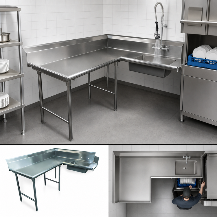 Product image #3 for Advance Tabco Korner Standard Series L-Shaped Left-Hand Soil Dishtable with Pre-Rinse Sink, 71 Inch, 16-Gauge 304 Stainless Steel