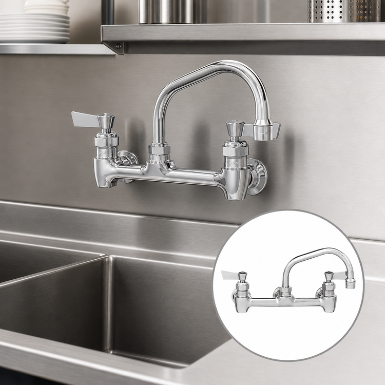 Product image #3 for Stainless Steel Backsplash-Mount Faucet with 12-Inch Swing Spout and Lever Handles