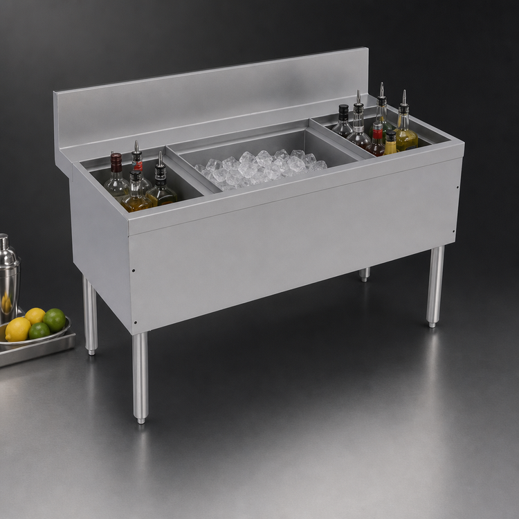 Product image #3 for Advance Tabco Prestige 54-Inch Stainless Steel Bar Ice Bin with Dual Bottle Wells, No Cold Plate