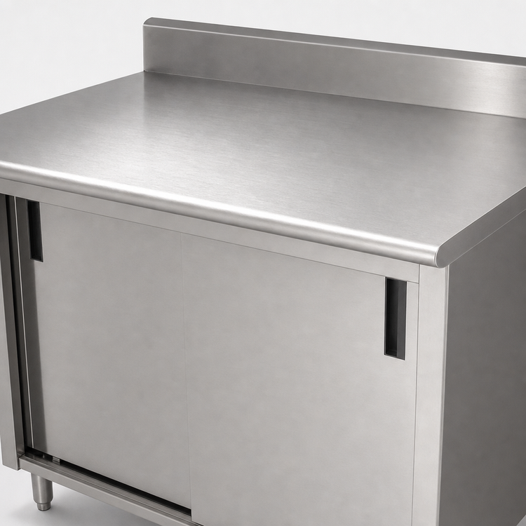 Product image #3 for Advance Tabco 48" x 24" 14-Gauge 304 Stainless Steel Cabinet Base Work Table with 5" Backsplash and Sliding Doors
