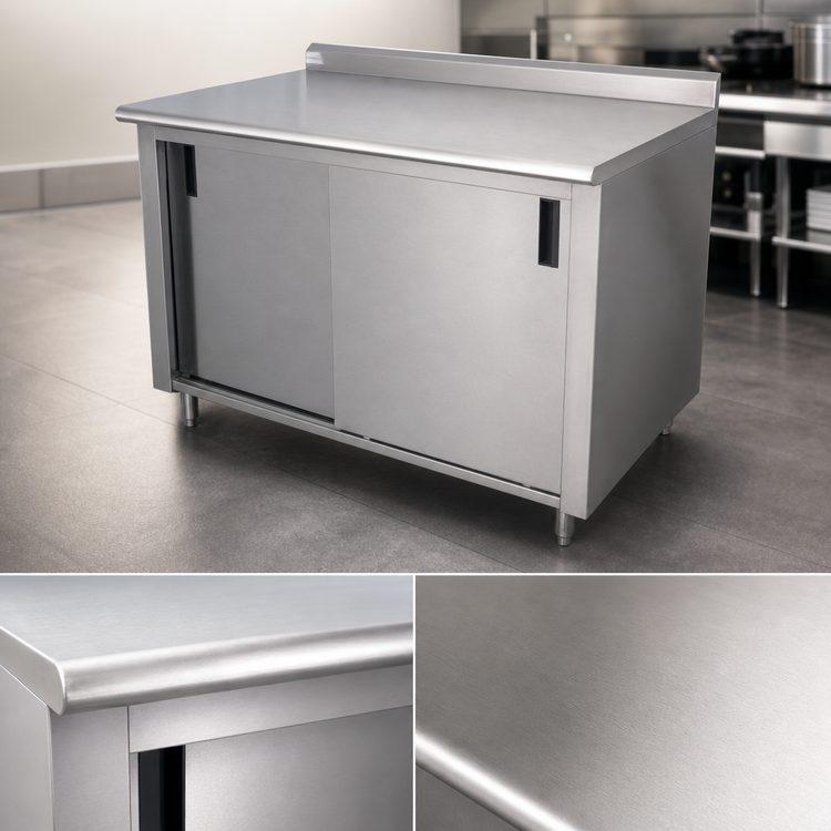 Product image #3 for Advance Tabco 48" x 36" Enclosed Work Table with Cabinet Base, Sliding Doors, 14-Gauge 304 Stainless Steel Top and 1-1/2" Rear Up-Turn