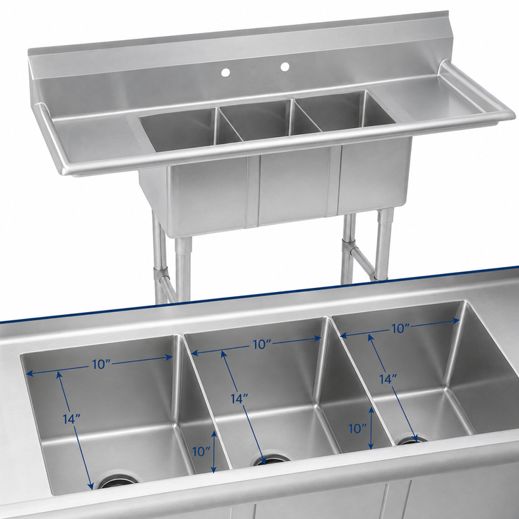 Product image #3 for Three-Compartment Stainless Steel Convenience/Deli Sink with Double Drainboards, 54 Inch