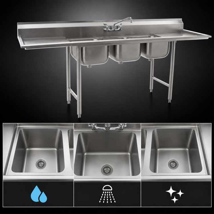 Product image #3 for Eagle Group 412 Series Three-Compartment Stainless Steel Sink, 58-3/4" W x 27-1/2" D