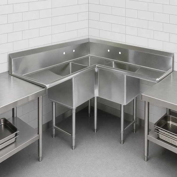 Product image #3 for John Boos E3BCS-184-2D18-X 57-Inch 3-Compartment Stainless Steel Corner Sink with 18-Inch Drainboards