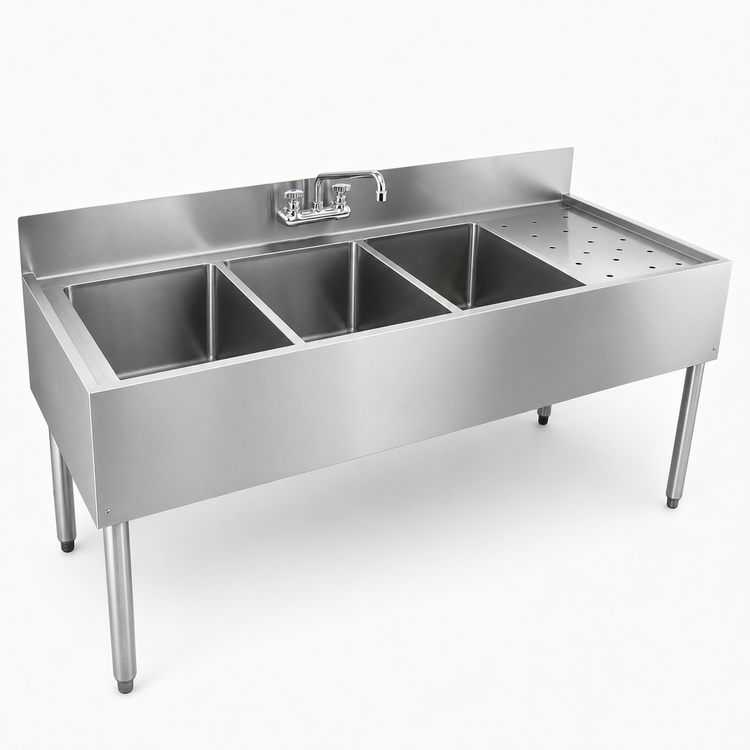 Product image #3 for CHOICE Three Compartment Underbar Sink Unit with Right Drainboard, Left Sink Location, 48 Inch x 24 Inch