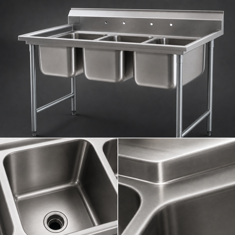 Product image #3 for Eagle Group 414 Series Three-Compartment Coved Corner Sink, 58-3/4 Inch Wide, 16 x 20 Inch Bowls, No Drainboards