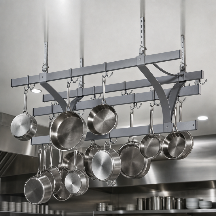 Product image #3 for Eagle Group Ceiling-Mounted Triple-Bar Aluminum Pot Rack with 36 Double-Pronged Hooks