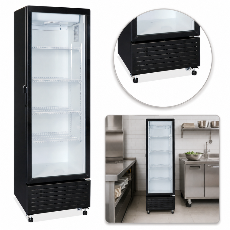 Product image #3 for Omcan RE-CN-305 One-Section Reach-In Glass Door Refrigerated Showcase, 10.1 Cu. Ft., Black, Bottom-Mount Self-Contained