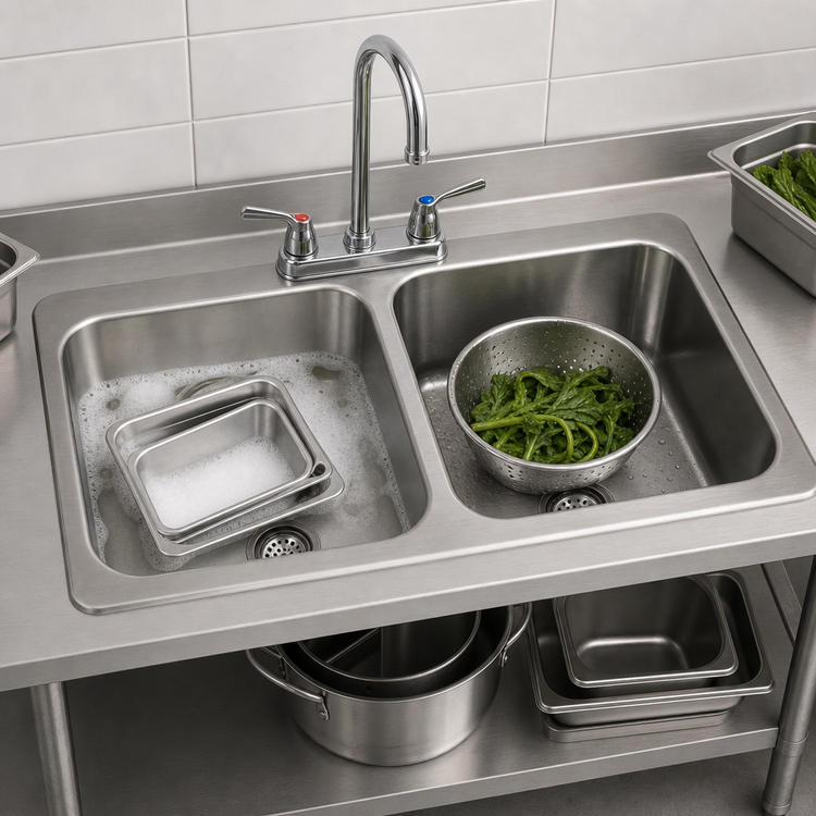 Product image #3 for BK Resources Two-Compartment Drop-In Sink with Faucet and Basket Drains, 45-1/4" x 21" x 12"