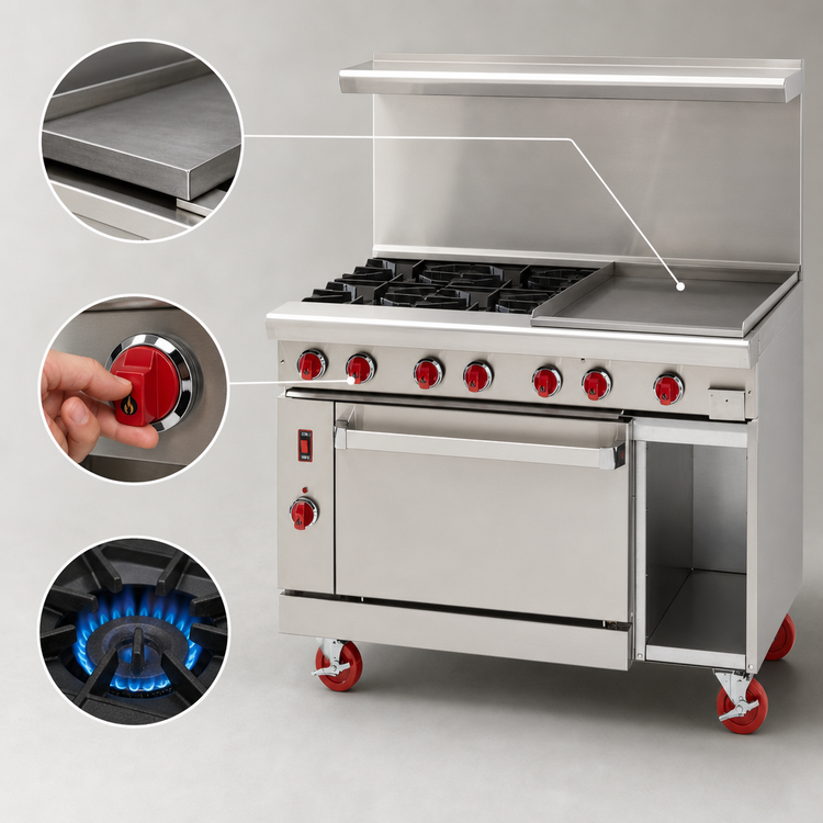 Product image #3 for American Range 48-Inch Green Flame Commercial Gas Range with 36-Inch Manual Griddle, 2 Open Burners, Left Convection Oven, and Right Storage Base