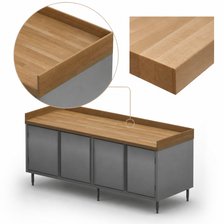 Product image #3 for BK Resources 96 Inch x 36 Inch Hard Maple Wood Top Chef Table with Cabinet Base and Hinged Doors