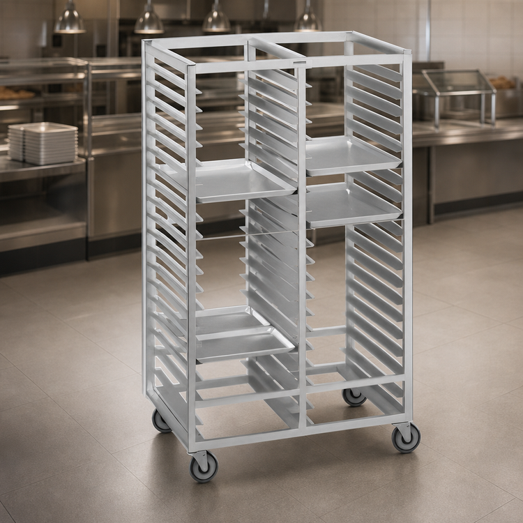 Product image #3 for Channel Manufacturing Double Section Aluminum Cafeteria Tray Rack, Standard Series, 36 Inch Height, 4 Inch Spacing, 18 x 26 Tray Capacity