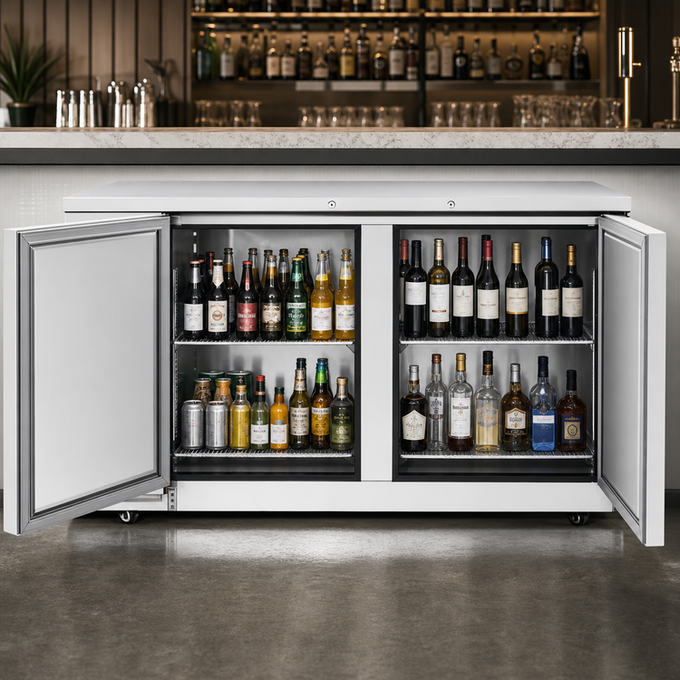 Product image #4 for Atosa 2-Section Stainless Steel Back Bar Cooler with Self-Contained Side-Mount Refrigeration and Solid Locking Doors, 21.5 Cu. Ft.