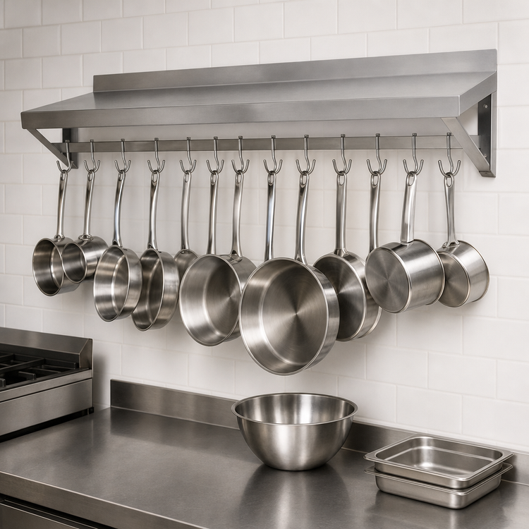 Product image #3 for Wall-Mount Stainless Steel Overshelf Pot Rack with 18 Double-Sided Hooks, 36 x 12 Inches