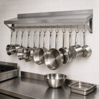 Thumbnail image #3 for Klinger's Trading PS1236 Wall-Mount Stainless Steel Overshelf Pot Rack with 18 Double-Sided Hooks, 36 x 12 Inches