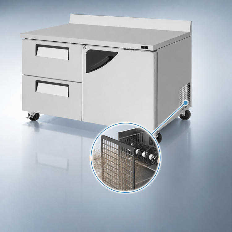 Product image #3 for Turbo Air Super Deluxe Two-Section Worktop Freezer with 1 Right-Hinged Door and 2 Drawers, 17 Cu. Ft., Self-Contained Rear-Mounted R290 Refrigeration