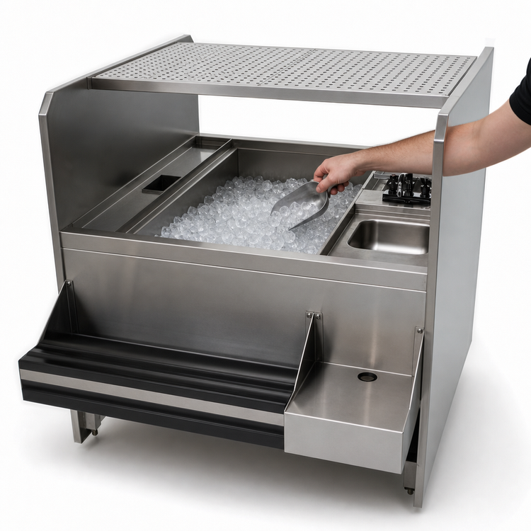Product image #3 for Advance Tabco Prestige Supreme 44-Inch x 30-Inch Double Service Station with Pass-Thru Ice Bin, 10-Circuit Cold Plate, and 2 Hand Sinks