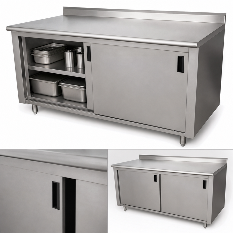Product image #3 for Advance Tabco 96"W x 24"D Enclosed Work Table with Cabinet Base, Sliding Doors, 14 Gauge 304 Stainless Steel Top, 1-1/2" Rear Up-Turn