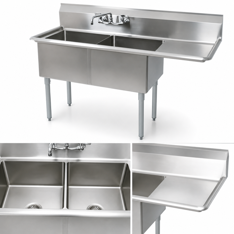 Product image #3 for BK Resources Freestanding Two-Compartment Stainless Steel Sink with Right Drainboard, 16 x 20 x 12-Inch Bowls