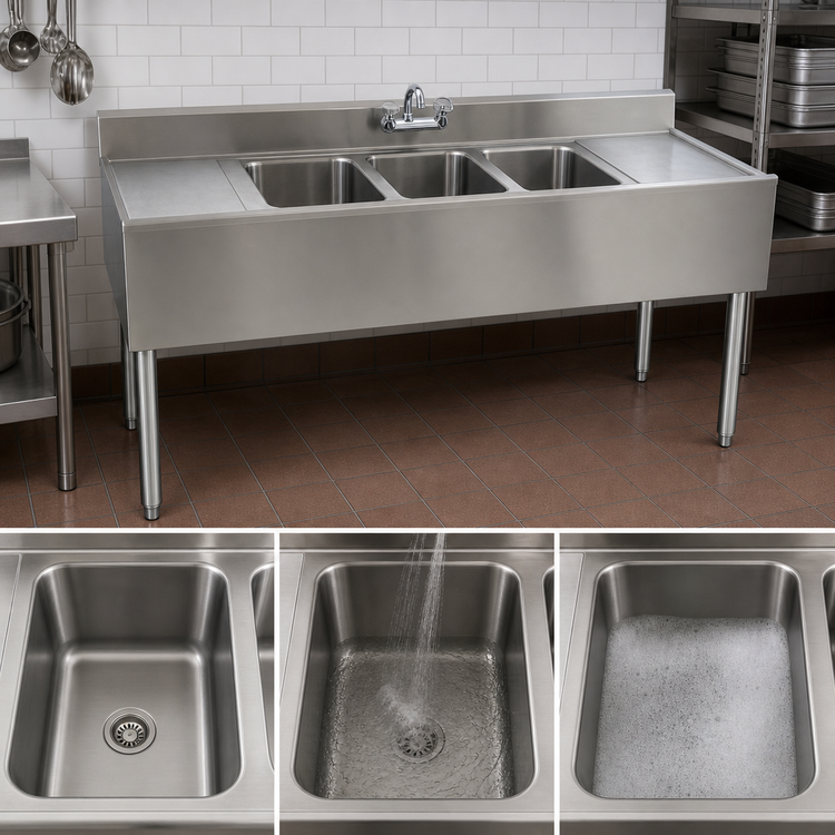 Product image #3 for Eagle Group 1800 Series 72-Inch Three-Compartment Underbar Sink Unit with Dual Drainboards, 304 Stainless Steel