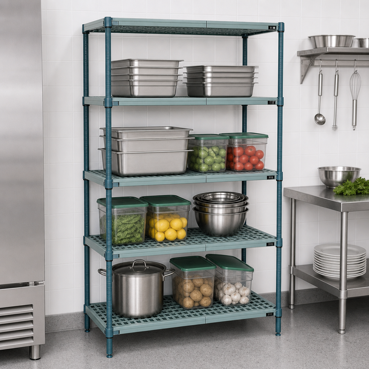 Product image #3 for Quantum 4-Tier Stationary Polymer Shelving Unit with Wire Plastic Mats, 72 x 18 x 63 Inches, Green Epoxy