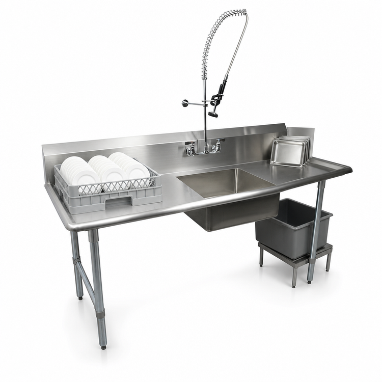 Product image #3 for BK Resources 60-Inch Straight Soiled Dish Table with Left-to-Right Operation, Pre-Rinse Sink, and 10-Inch Backsplash